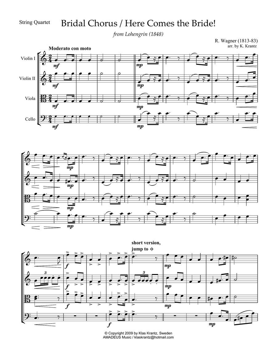Bridal Chorus / Here Comes the Bride! for string quartet String Quartet scores gallery preview page 2