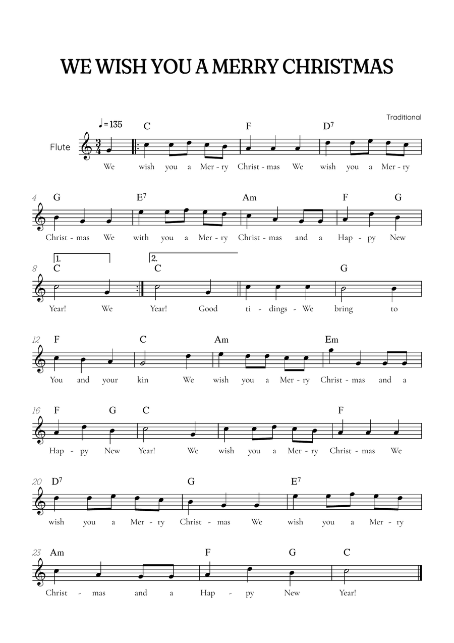 We Wish You a Merry Christmas for flute • easy Christmas sheet music with chords and lyrics Flute Solo scores gallery preview page 1