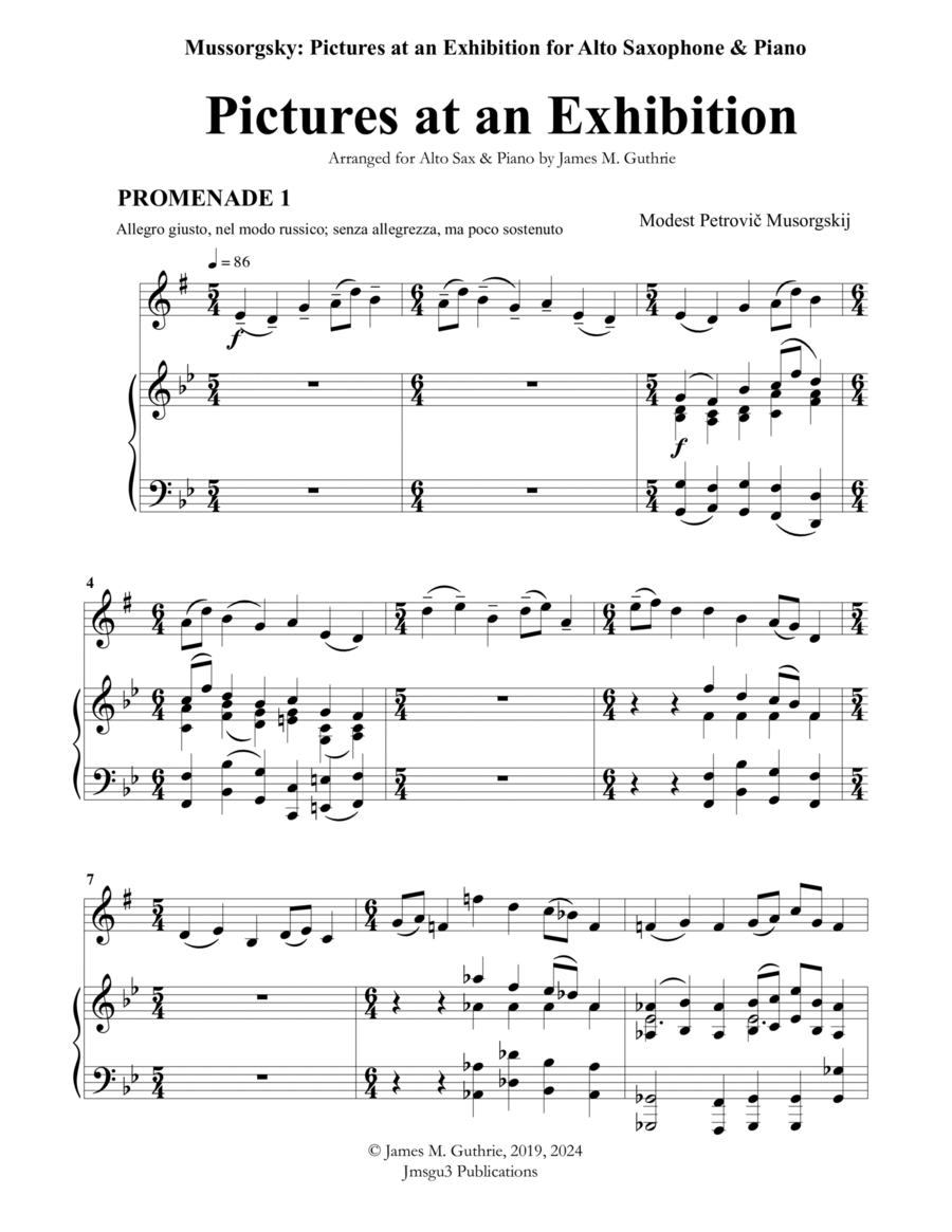 Mussorgsky: Pictures at an Exhibition for Alto Sax & Piano Alto Saxophone scores gallery preview page 1
