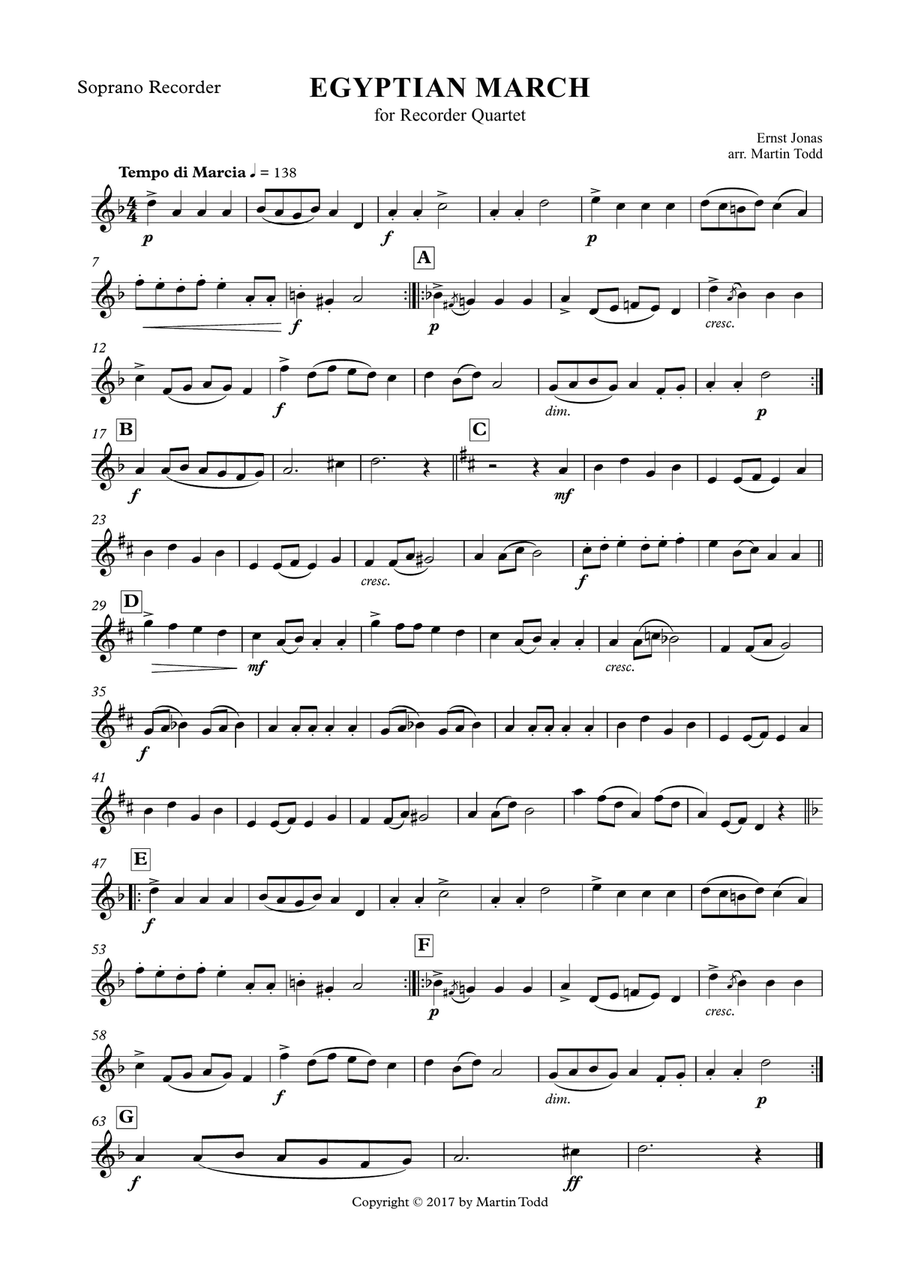 Egyptian March for Recorder Quartet (SATB) 4-Part scores gallery preview page 5