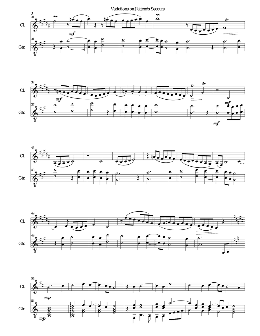 Variations on J'attends secours for clarinet and guitar Clarinet scores gallery preview page 2
