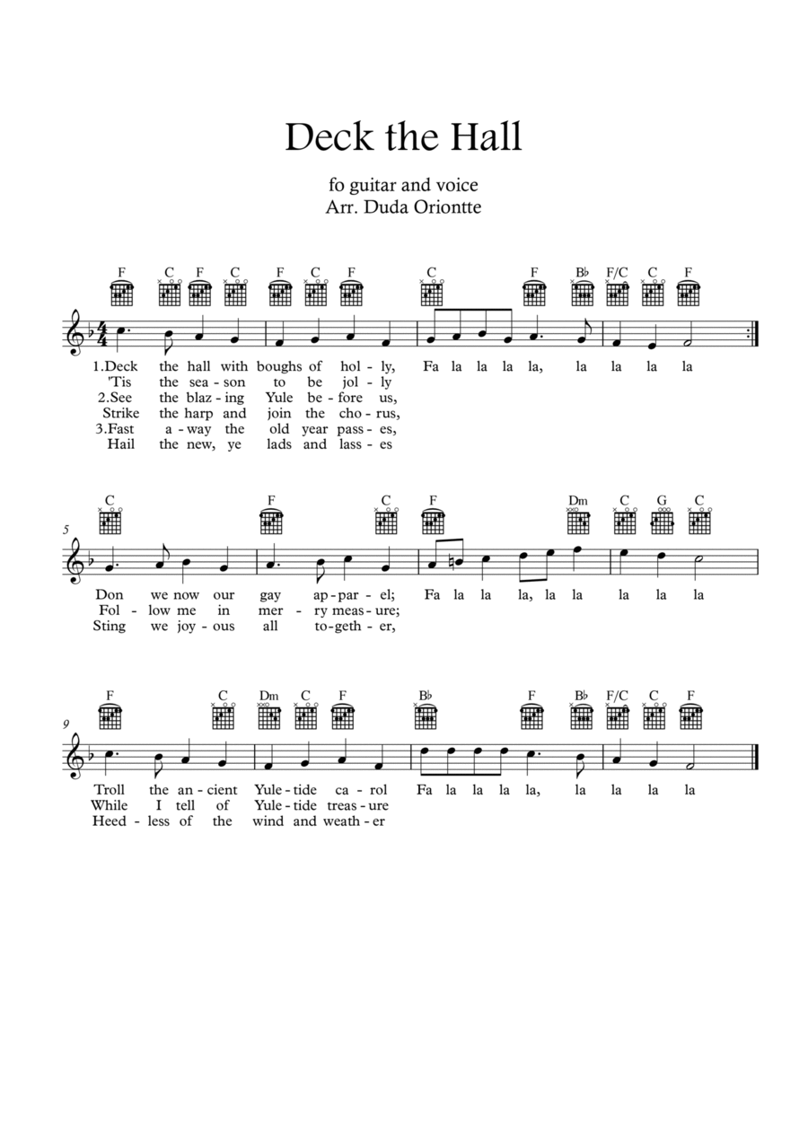 Deck the Halls (F major - guitar TABS - with lyrics) Guitar Tablature scores gallery preview page 1