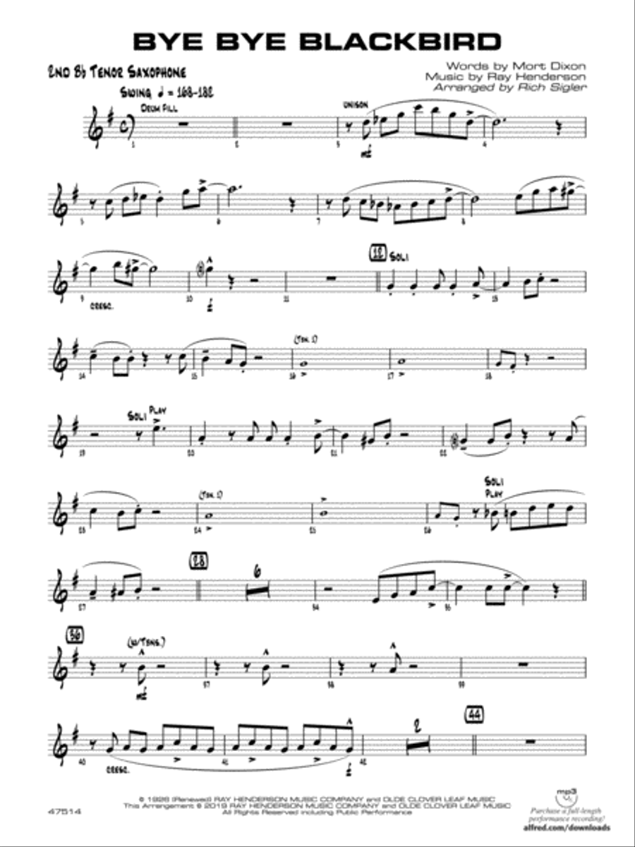 Bye Bye Blackbird: 2nd B-flat Tenor Saxophone Jazz Ensemble scores gallery preview page 1