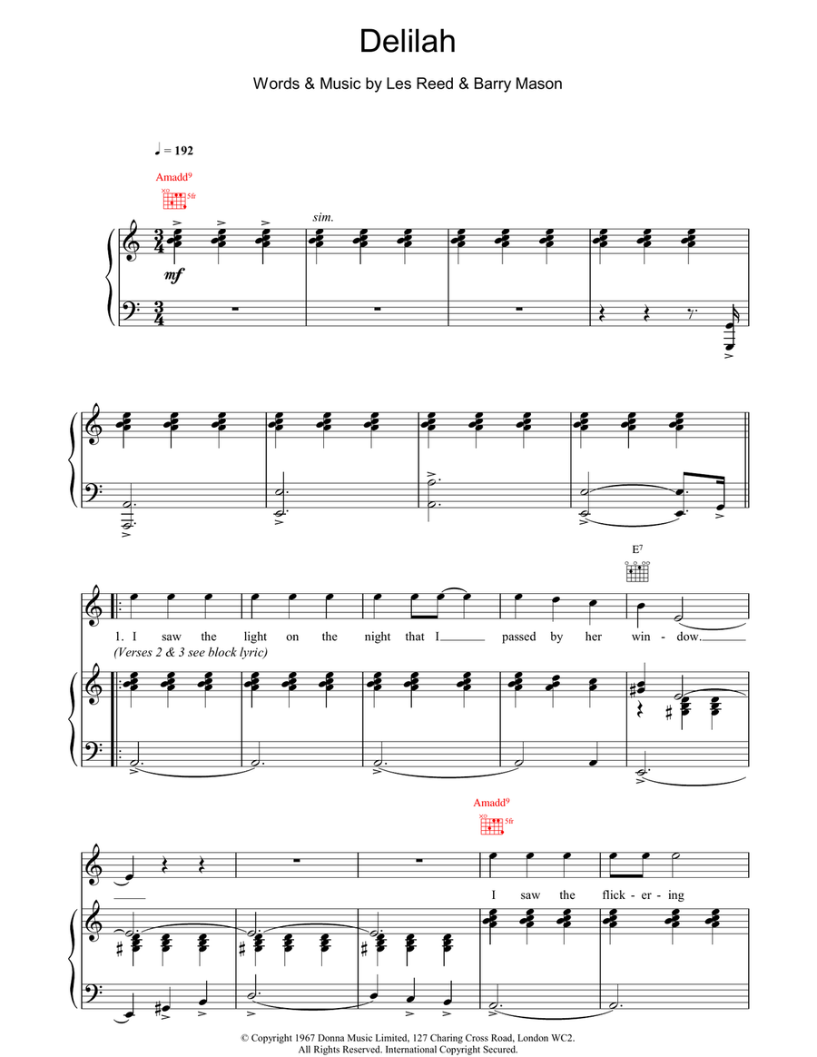 Delilah Delilah Piano, Vocal, Guitar scores gallery preview page 1