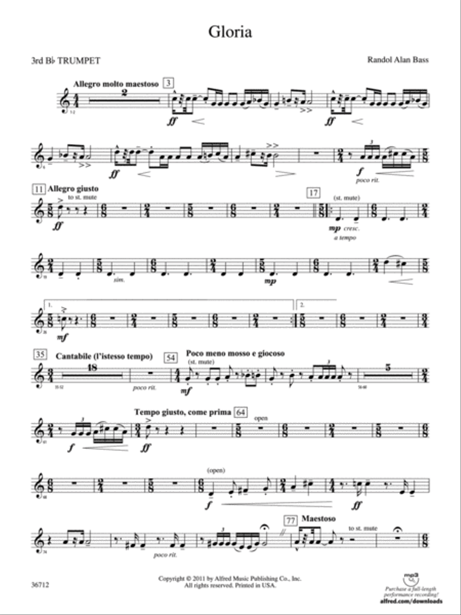 Gloria: 3rd B-flat Trumpet Concert Band scores gallery preview page 1