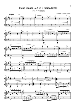 Mozart - Piano Sonata No.5 in G major, K.283 3rd Mov Presto - Original With Fingered For Piano Solo