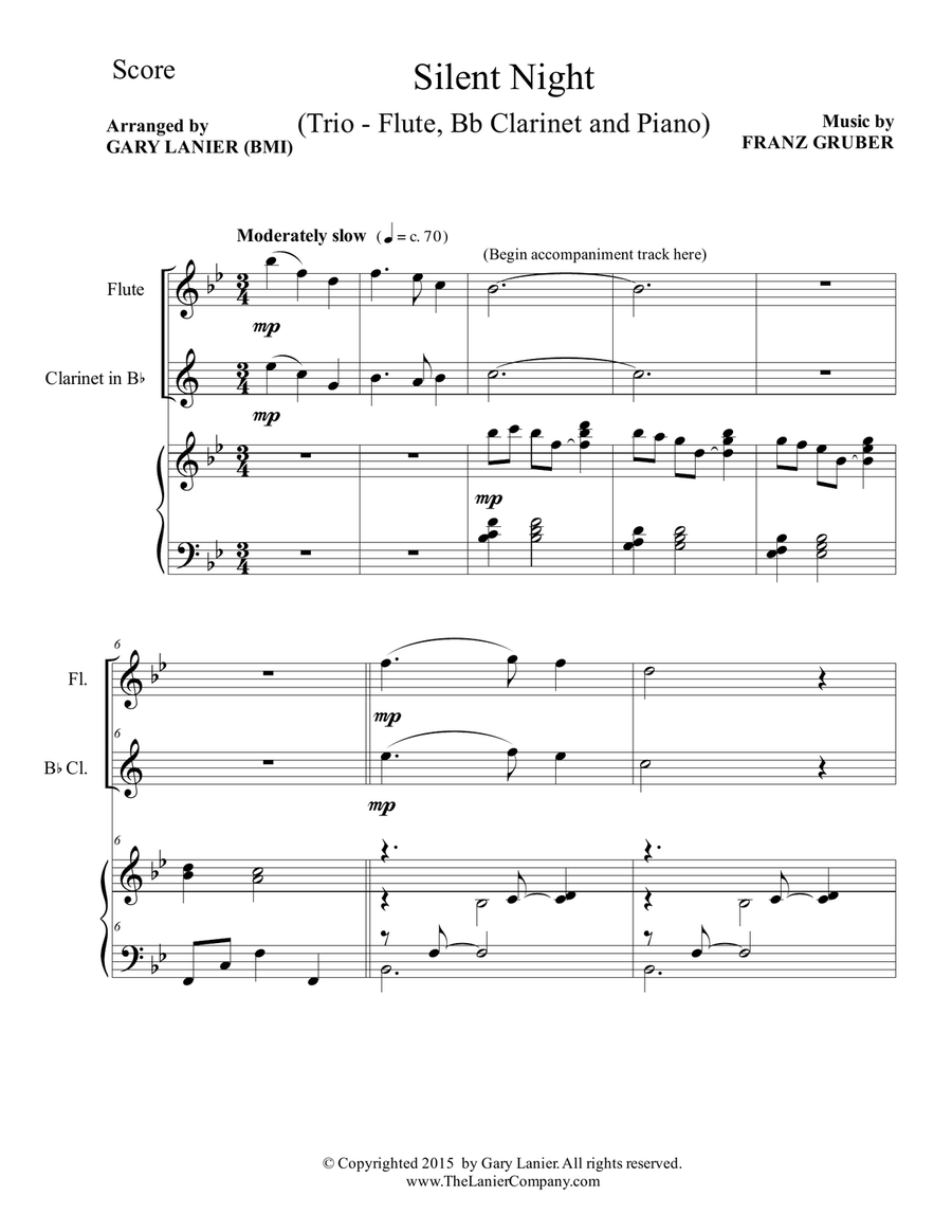 Gary Lanier: SILENT NIGHT (Trio – Flute, Bb Clarinet & Piano with Score & Parts) Small Ensemble scores gallery preview page 2