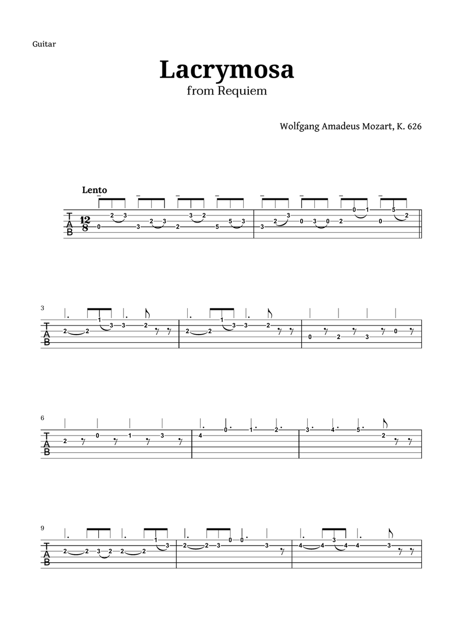 Lacrymosa from Requiem by Mozart for Guitar TAB Acoustic Guitar scores gallery preview page 1