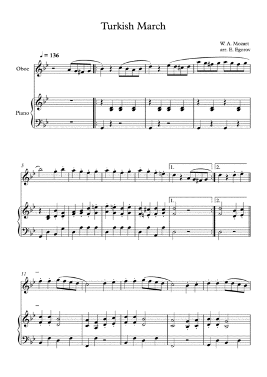 Turkish March, Wolfgang Amadeus Mozart, For Oboe & Piano Piano scores gallery preview page 1
