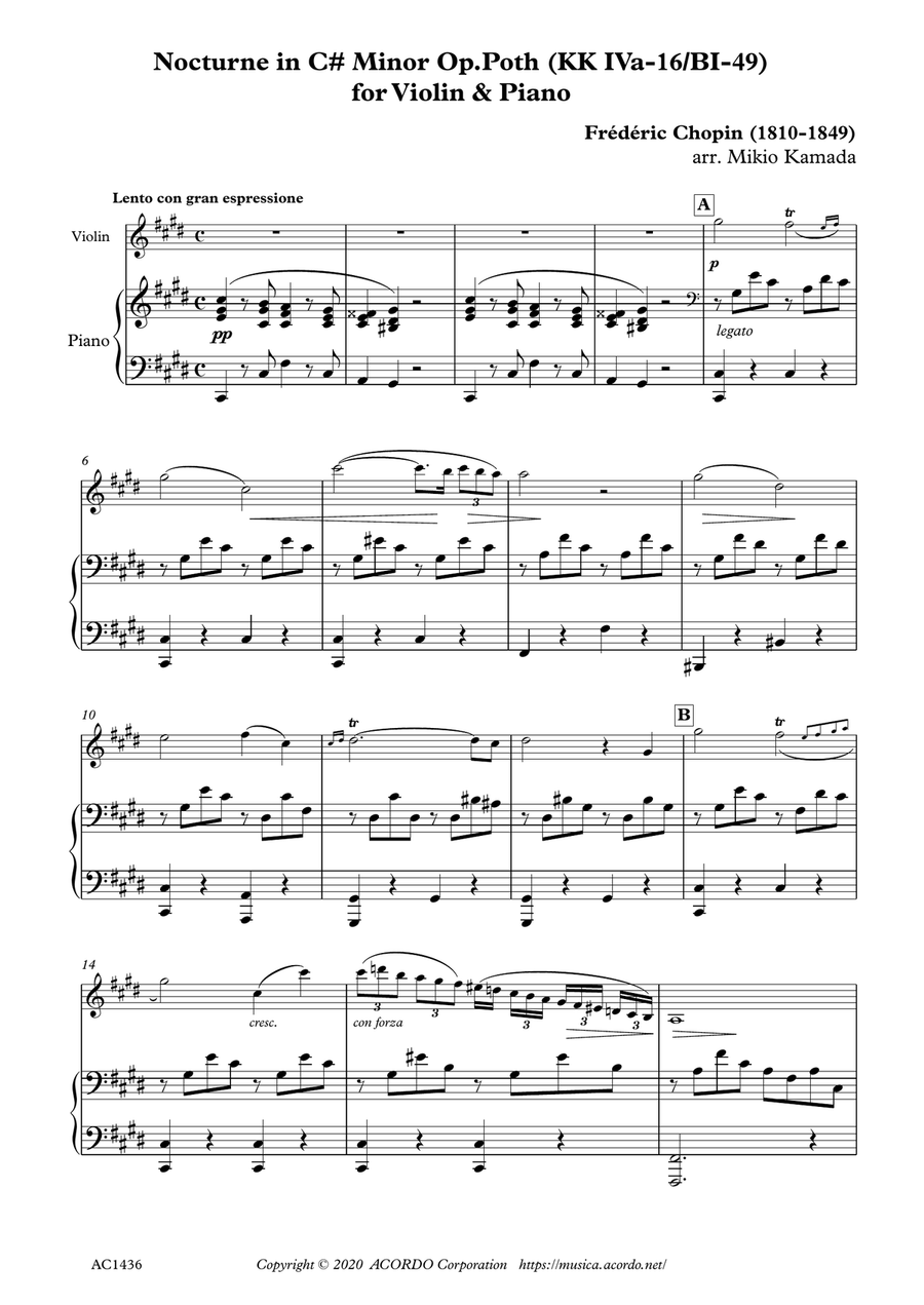 Nocturne in C# Minor Op.Poth (KK IVa-16/BI-49) for Violin & Piano Violin Solo scores gallery preview page 1