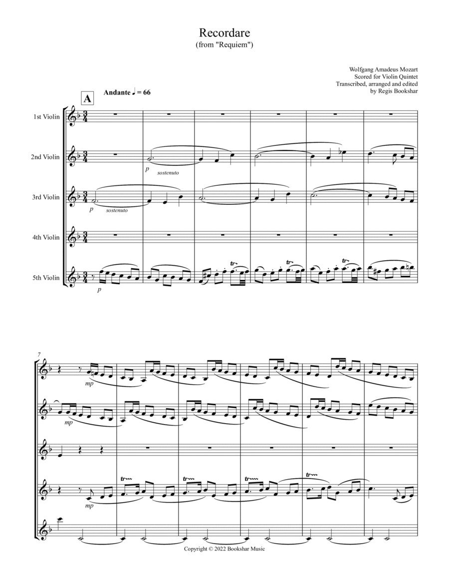 Recordare (from "Requiem") (F) (Violin Quintet)