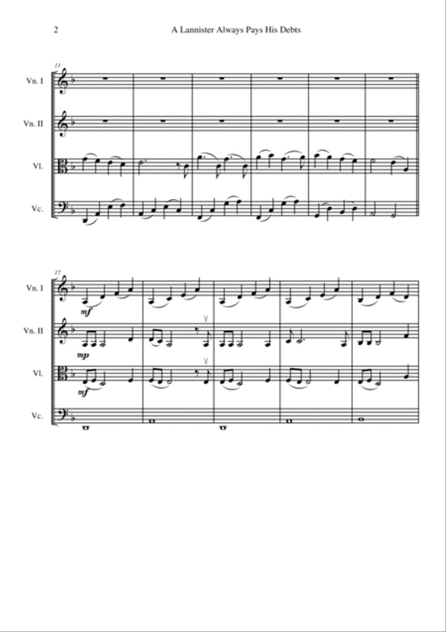 A Lannister Always Pays His Debts String Quartet scores gallery preview page 2