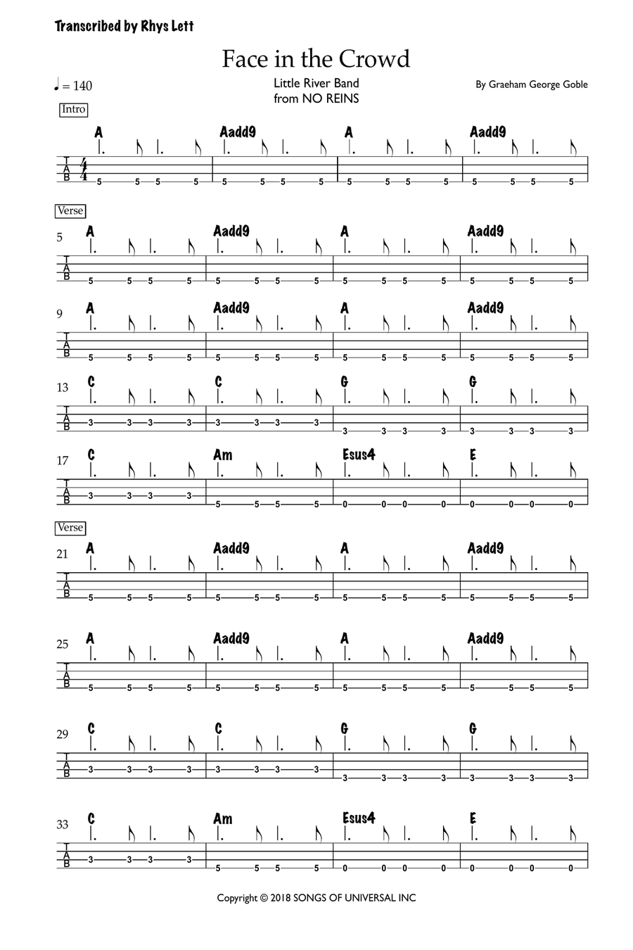 Face In The Crowd Guitar Tablature scores gallery preview page 1