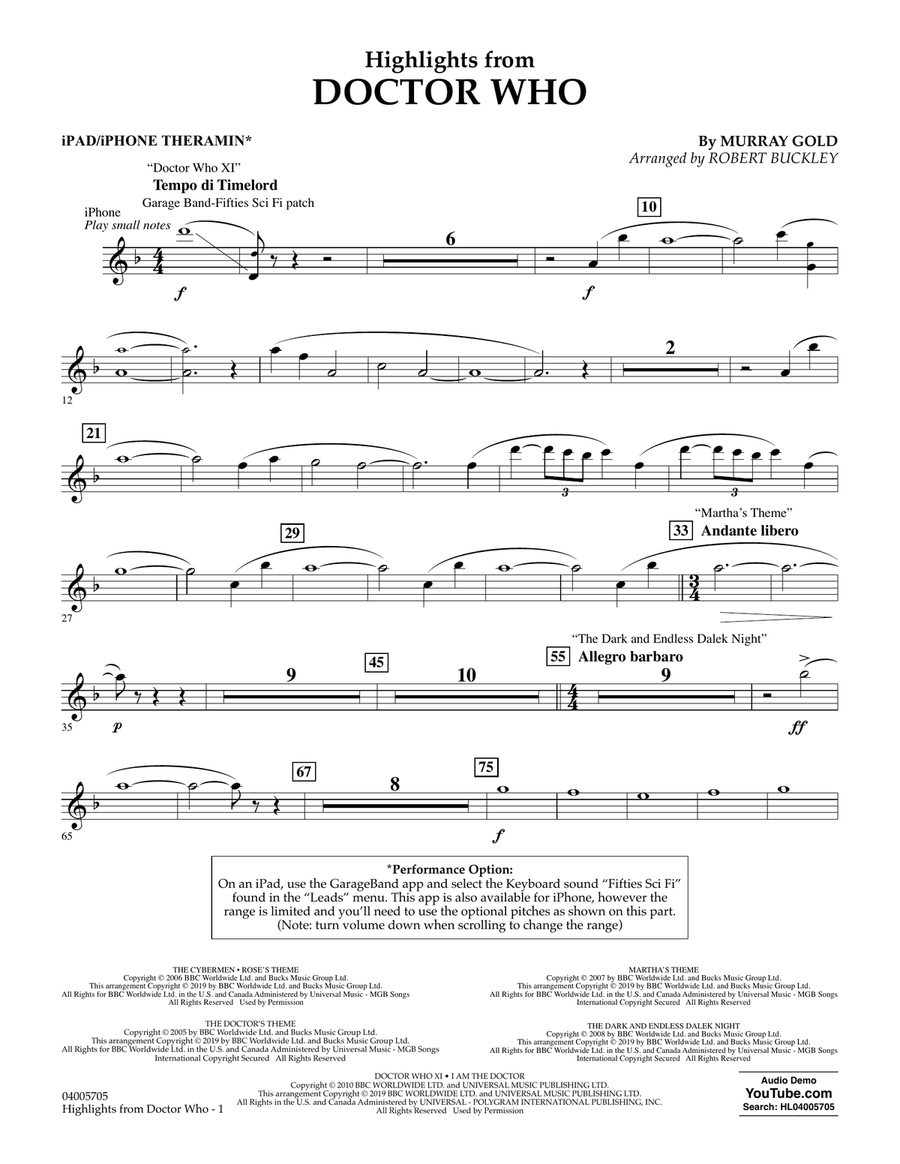 Highlights from Doctor Who (arr. Robert Buckley) - iPad/iPhone Theramin Concert Band scores gallery preview page 1