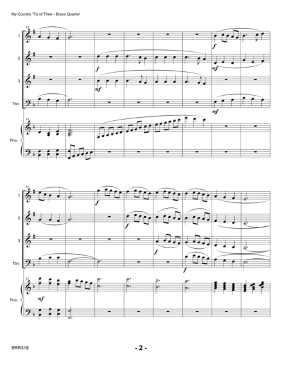 MY COUNTRY TIS OF THEE - BRASS QUARTET with Piano accompaniment Brass Quartet scores gallery preview page 2