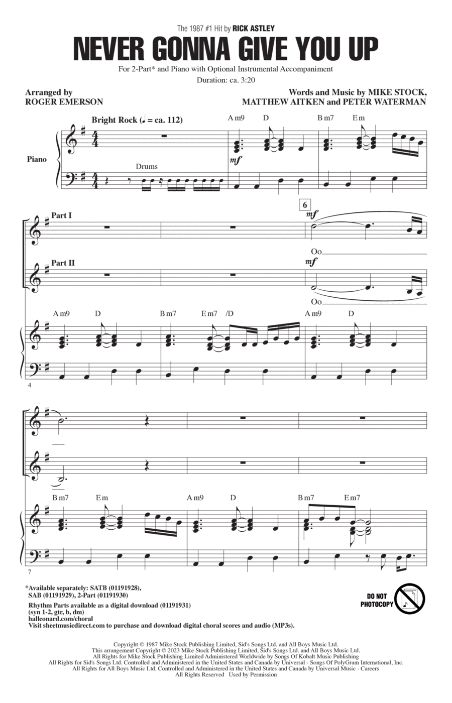 Never Gonna Give You Up (arr. Roger Emerson) 2-Part scores gallery preview page 1