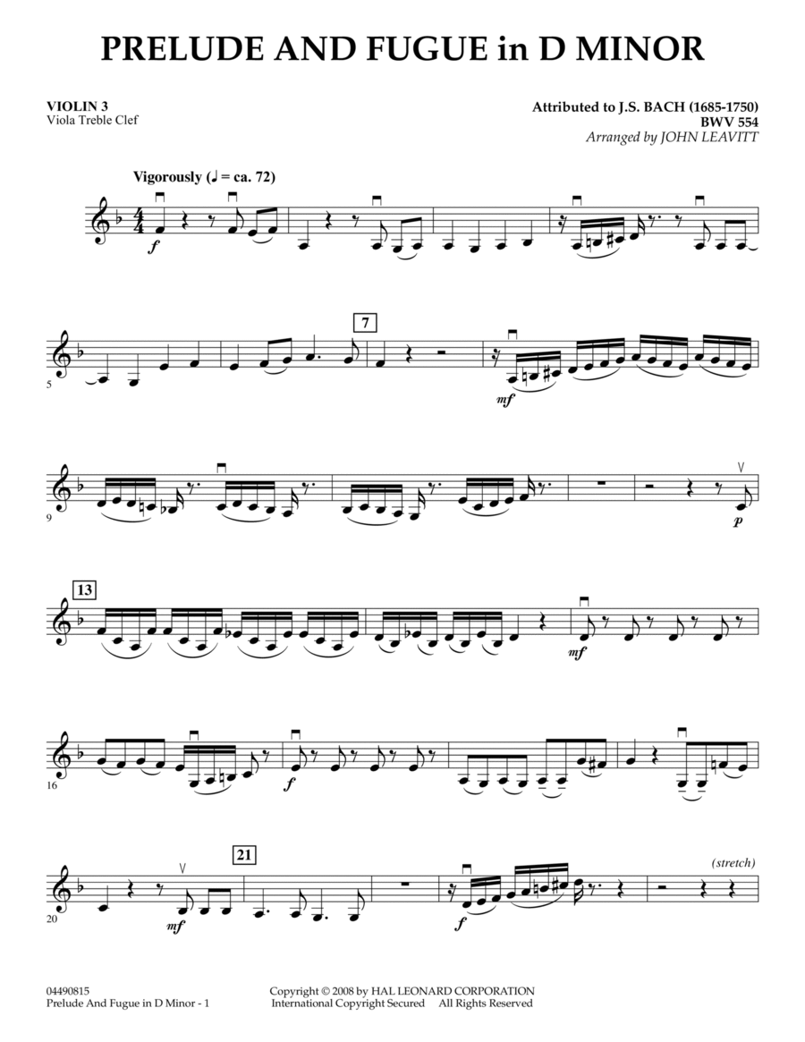Prelude and Fugue in D Minor - Violin 3 (Viola Treble Clef)
