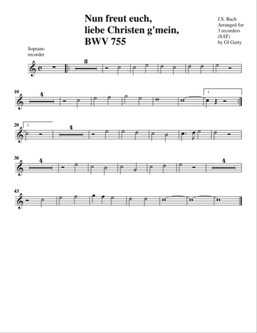 Nun freut euch, lieben Christen g'mein BWV 755 (Arrangement for 3 recorders) Recorder scores gallery preview page 3
