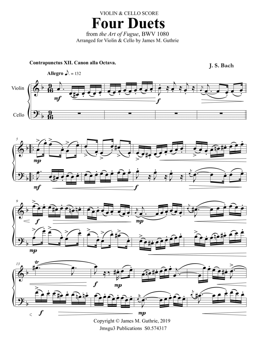 Bach: Four Duets from the Art of Fugue for Violin & Cello String Duet scores gallery preview page 1