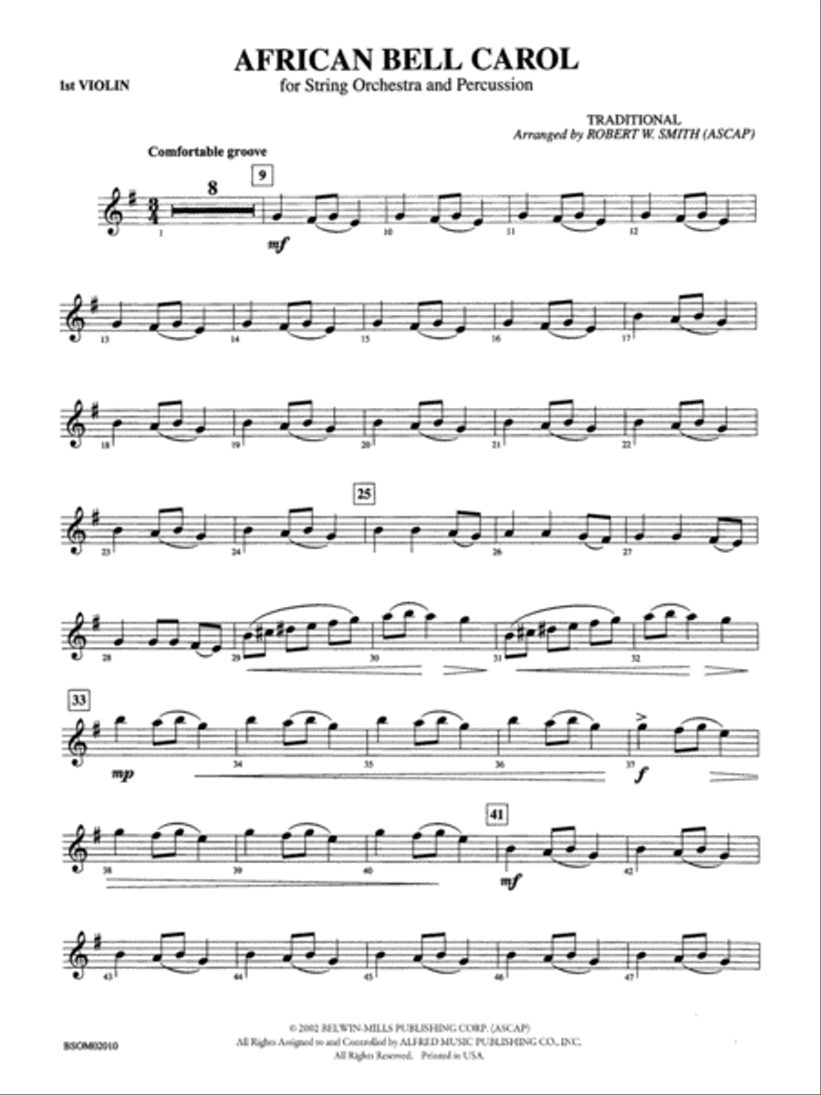 African Bell Carol (for String Orchestra and Percussion): 1st Violin String Orchestra scores gallery preview page 1