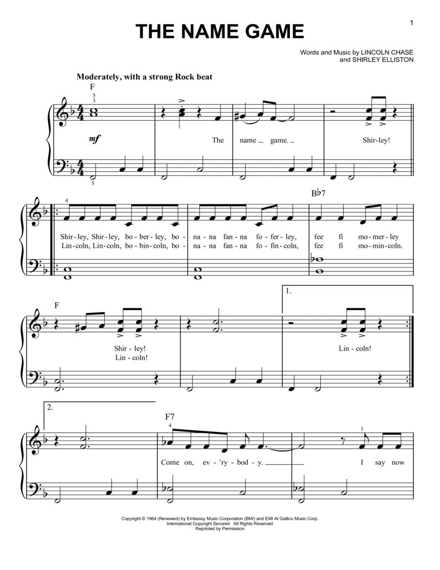 The Name Game Easy Piano scores gallery preview page 1