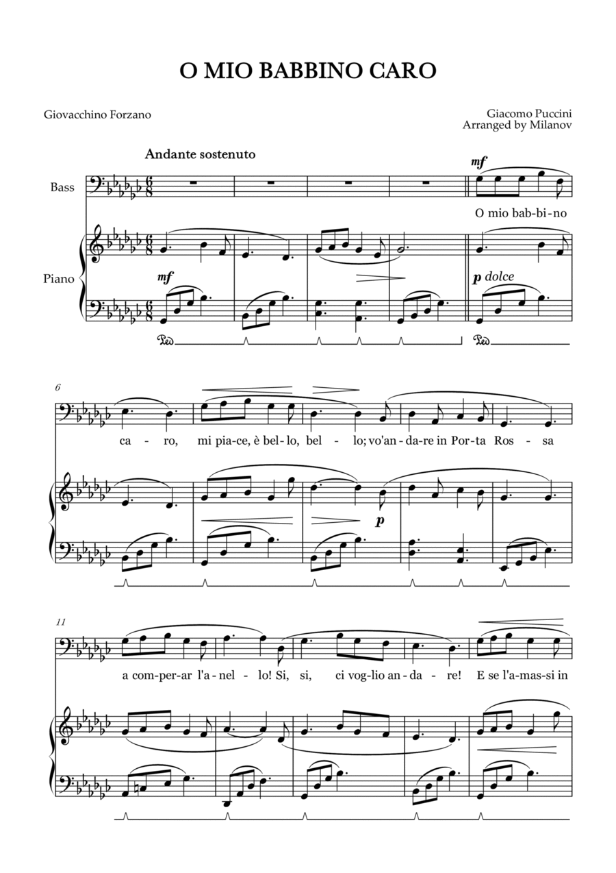 O Mio Babbino Caro | Male Voice Bass | G-flat Major | Piano accompaniment | Pedal Bass Voice scores gallery preview page 1
