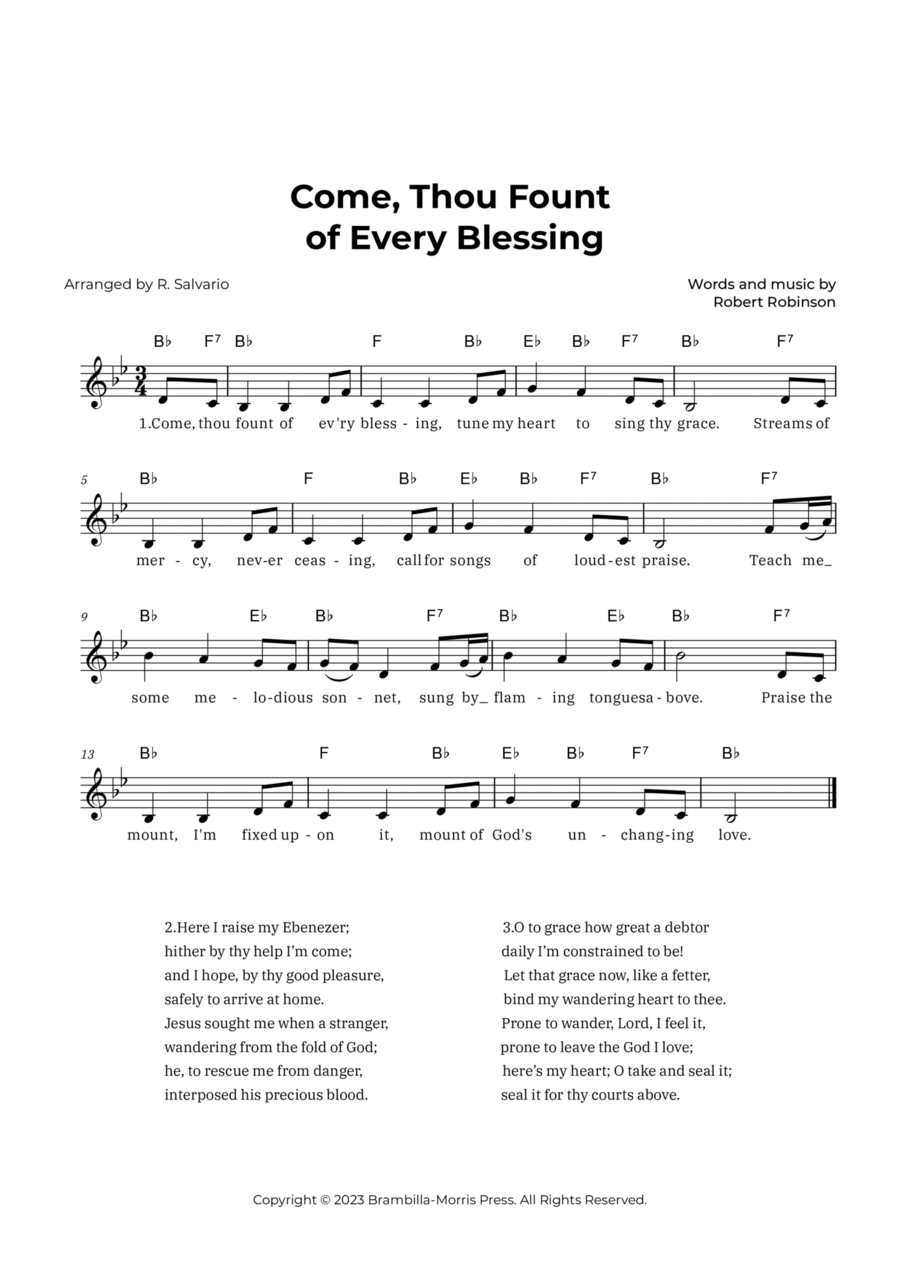 Come Thou Fount of Every Blessing (Key of B-Flat Major) Piano scores gallery preview page 1