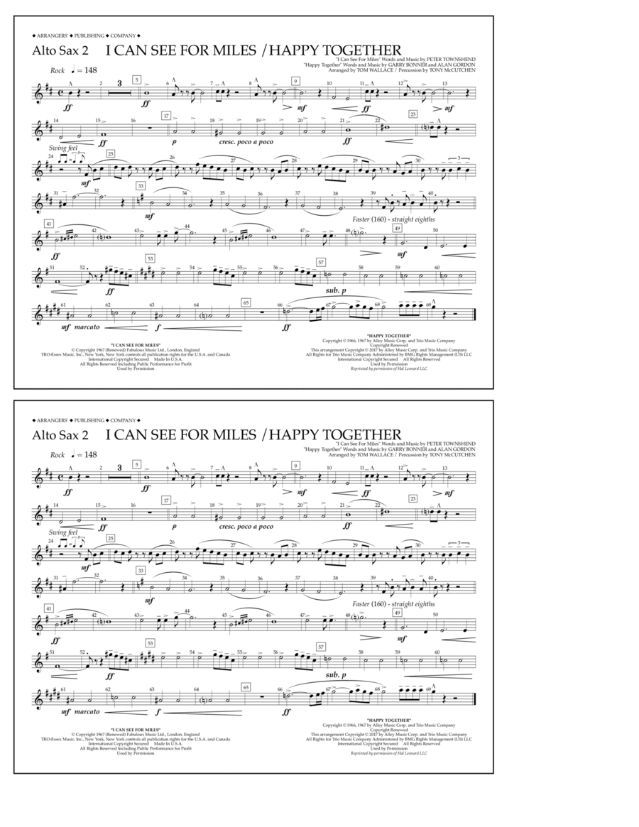 I Can See for Miles/Happy Together - Alto Sax 2 Marching Band scores gallery preview page 1