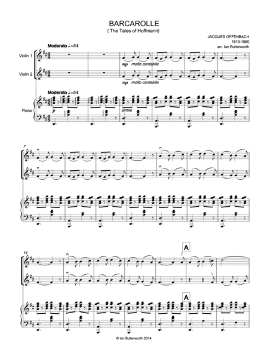 OFFENBACH Barcarolle (The Tales of Hoffman) for two violins & piano Violin Solo scores gallery preview page 2