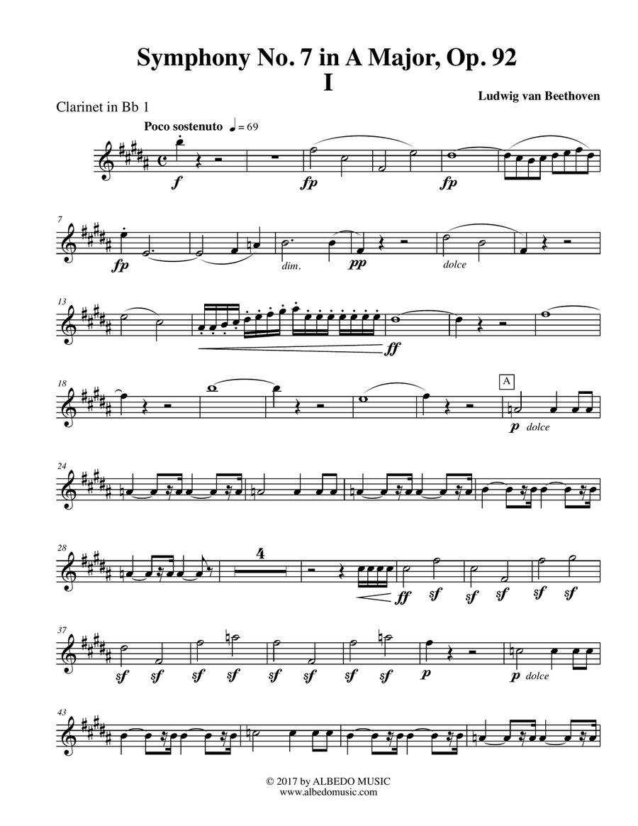 Beethoven Symphony No. 7, Movement I - Clarinet in Bb 1 (Transposed Part), Op. 92 B-Flat Clarinet scores gallery preview page 1