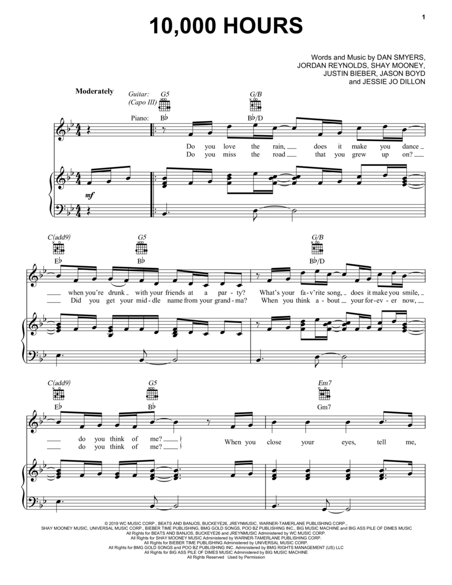 10,000 Hours 10,000 Hours Piano, Vocal, Guitar scores gallery preview page 1