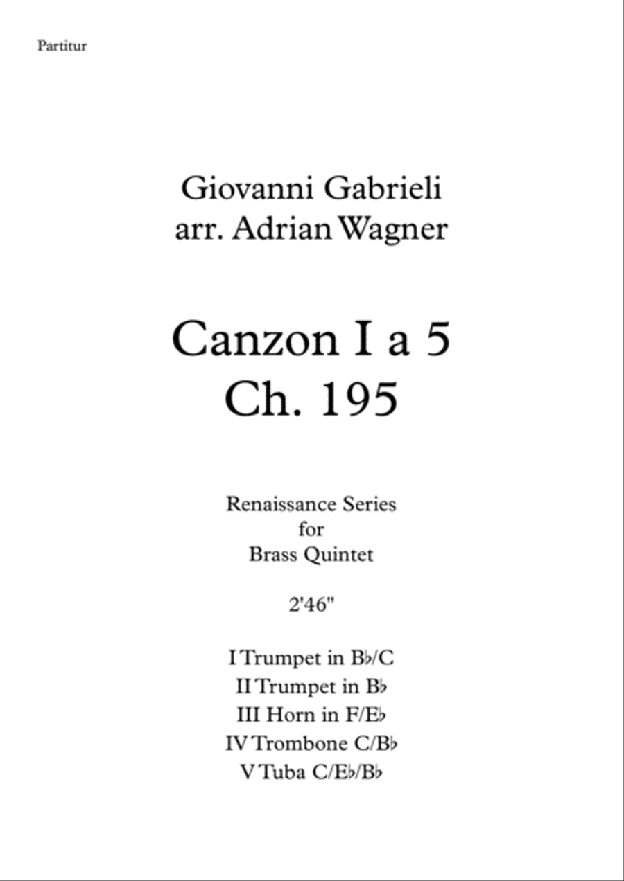 Canzon I a 5 Ch.195 (Giovanni Gabrieli) Brass Quintet arr. Adrian Wagner Brass Quintet scores gallery preview page 1