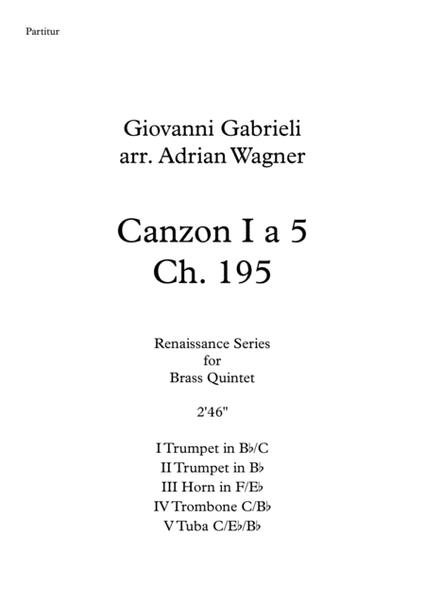 Canzon I a 5 Ch.195 (Giovanni Gabrieli) Brass Quintet arr. Adrian Wagner image number null