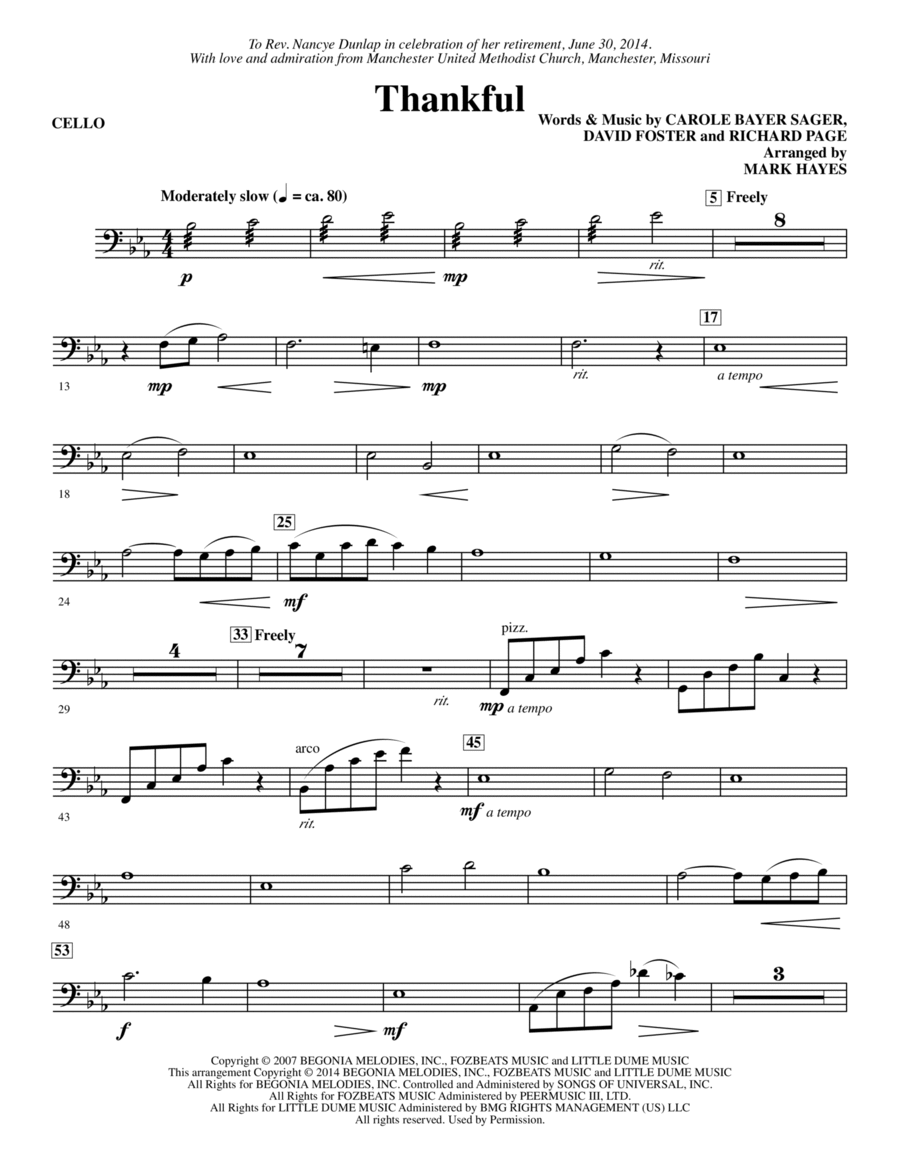 Thankful (arr. Mark Hayes) - Cello Choir scores gallery preview page 1