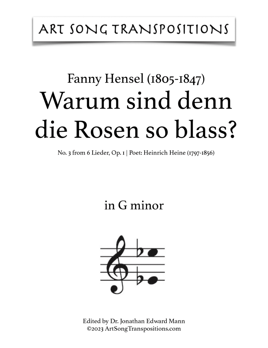 HENSEL: Warum sind denn die Rosen so blass? Op. 1 no. 3 (transposed to G minor) Voice scores gallery preview page 1
