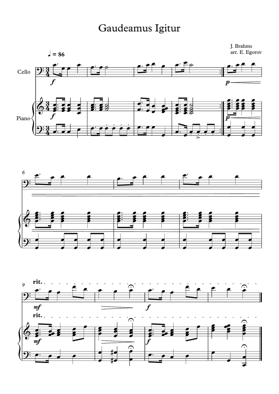 Gaudeamus Igitur, Johannes Brahms, For Cello & Piano Piano scores gallery preview page 1