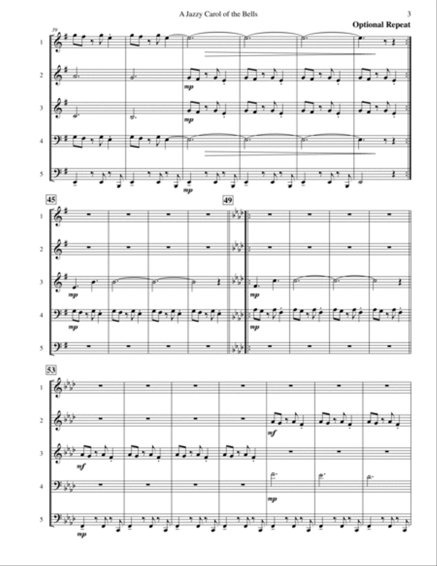 Carol of the Bells (Jazz Waltz for Mixed Quintet) Viola scores gallery preview page 4
