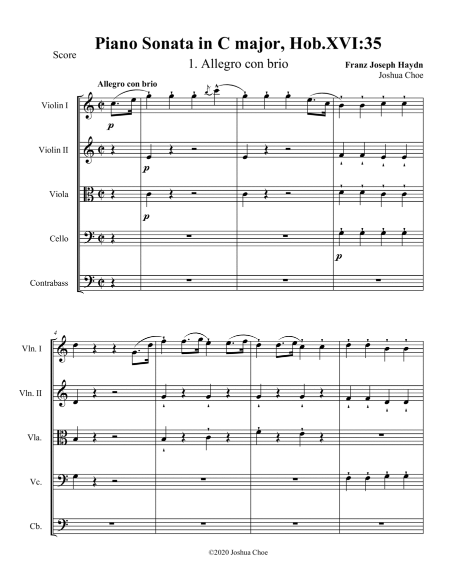 Piano Sonata in C major, Hob.XVI:35 String Orchestra scores gallery preview page 1