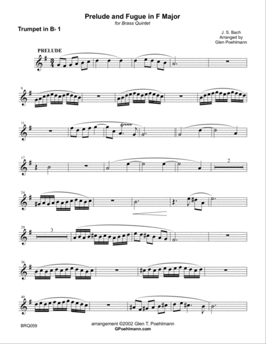 PRELUDE and FUGUE in F MAJOR (J.S. Bach) arranged for BRASS QUINTET image number null