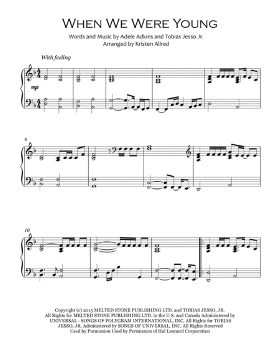 When We Were Young Piano Solo scores gallery preview page 1