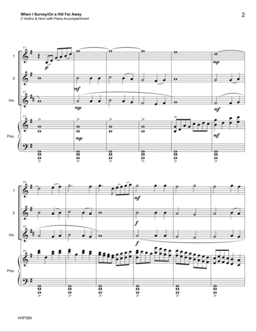 WHEN I SURVEY THE WONDROUS CROSS/ON A HILL FAR AWAY - 2 Violins & Horn (or Viola) with Piano Small Ensemble scores gallery preview page 2