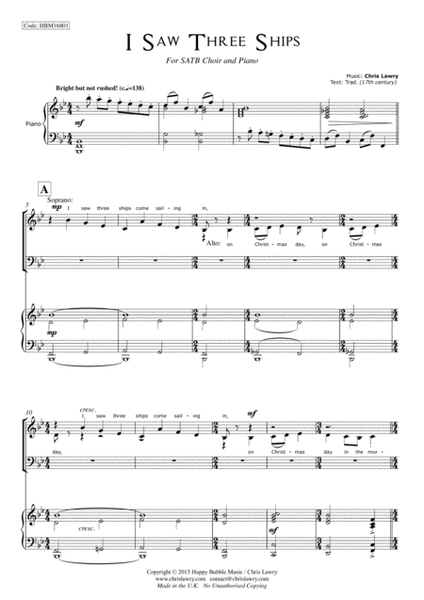 I Saw Three Ships - Chris Lawry - for SATB Choir with piano accompaniment image number null