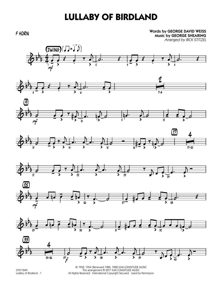 Lullaby Of Birdland - F Horn Jazz Ensemble scores gallery preview page 1