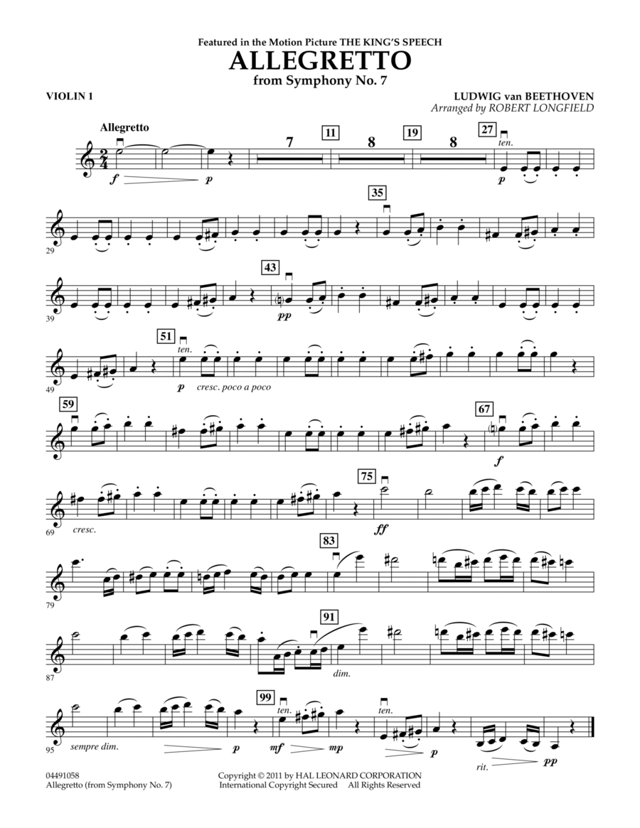 Allegretto (from Symphony No. 7) - Violin 1 Orchestra scores gallery preview page 1