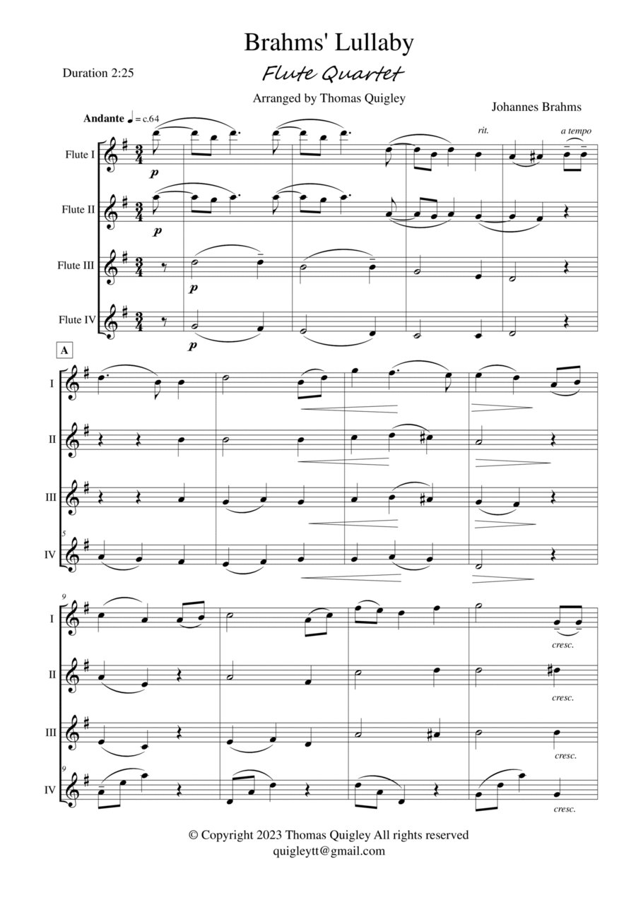 Brahms Lullaby Flute Quartet scores gallery preview page 1