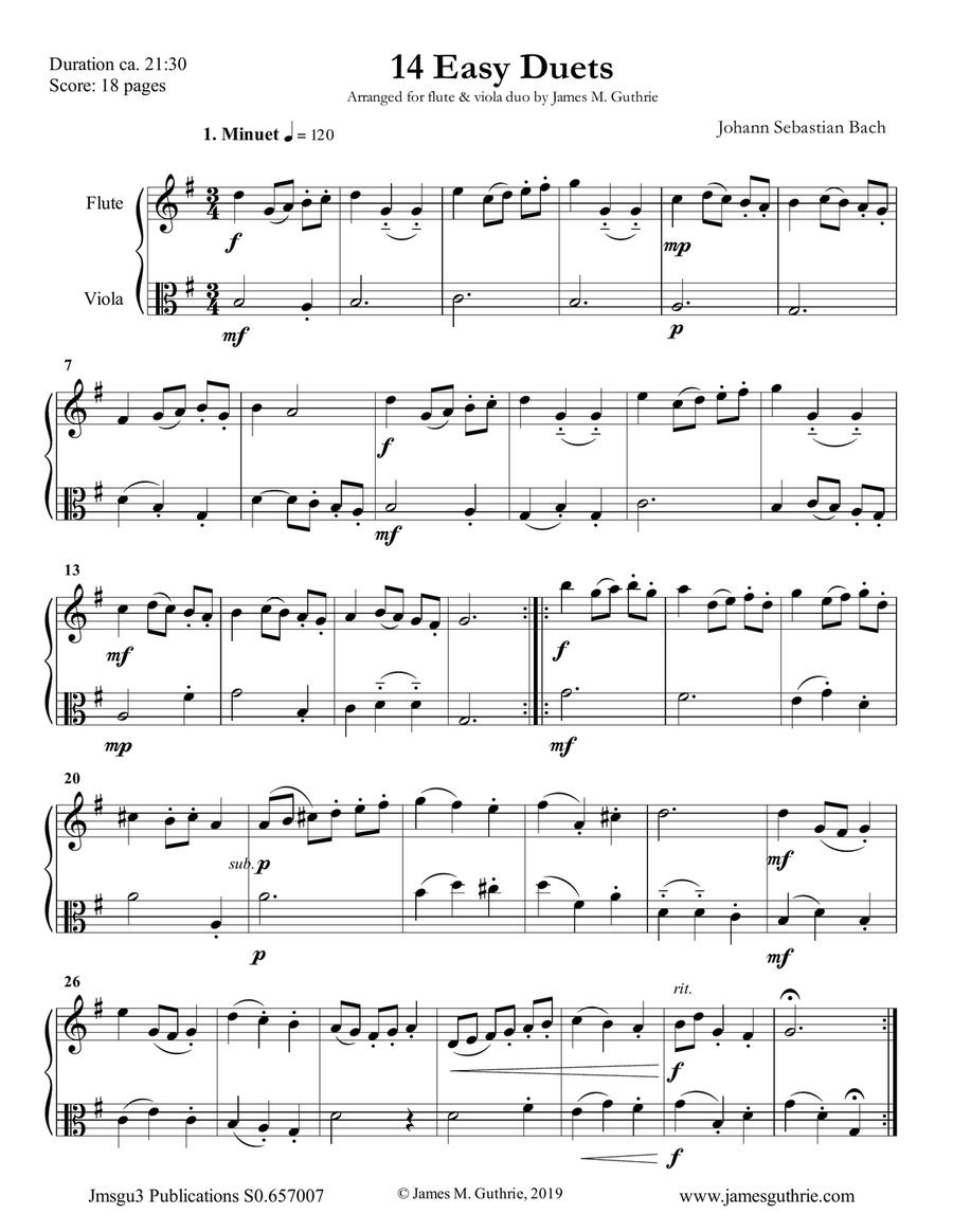 Bach: 14 Easy Duets for Flute & Viola Flute scores gallery preview page 1