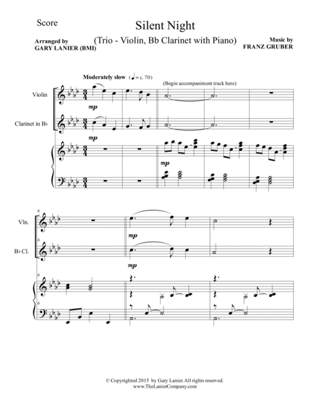 Gary Lanier: SILENT NIGHT (Trio – Violin, Bb Clarinet & Piano with Score & Parts) image number null
