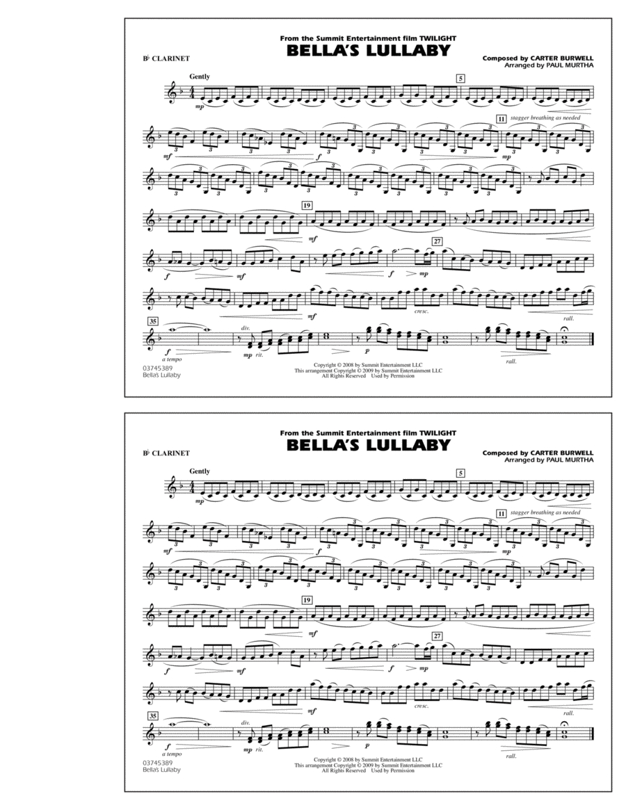 Bella's Lullaby (from "Twilight") - Bb Clarinet
