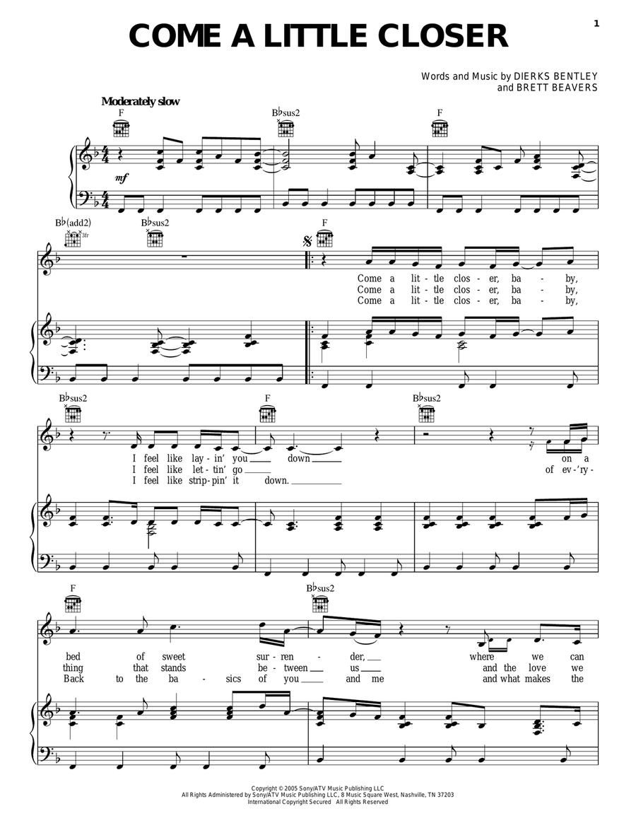 Come A Little Closer Piano, Vocal, Guitar scores gallery preview page 1