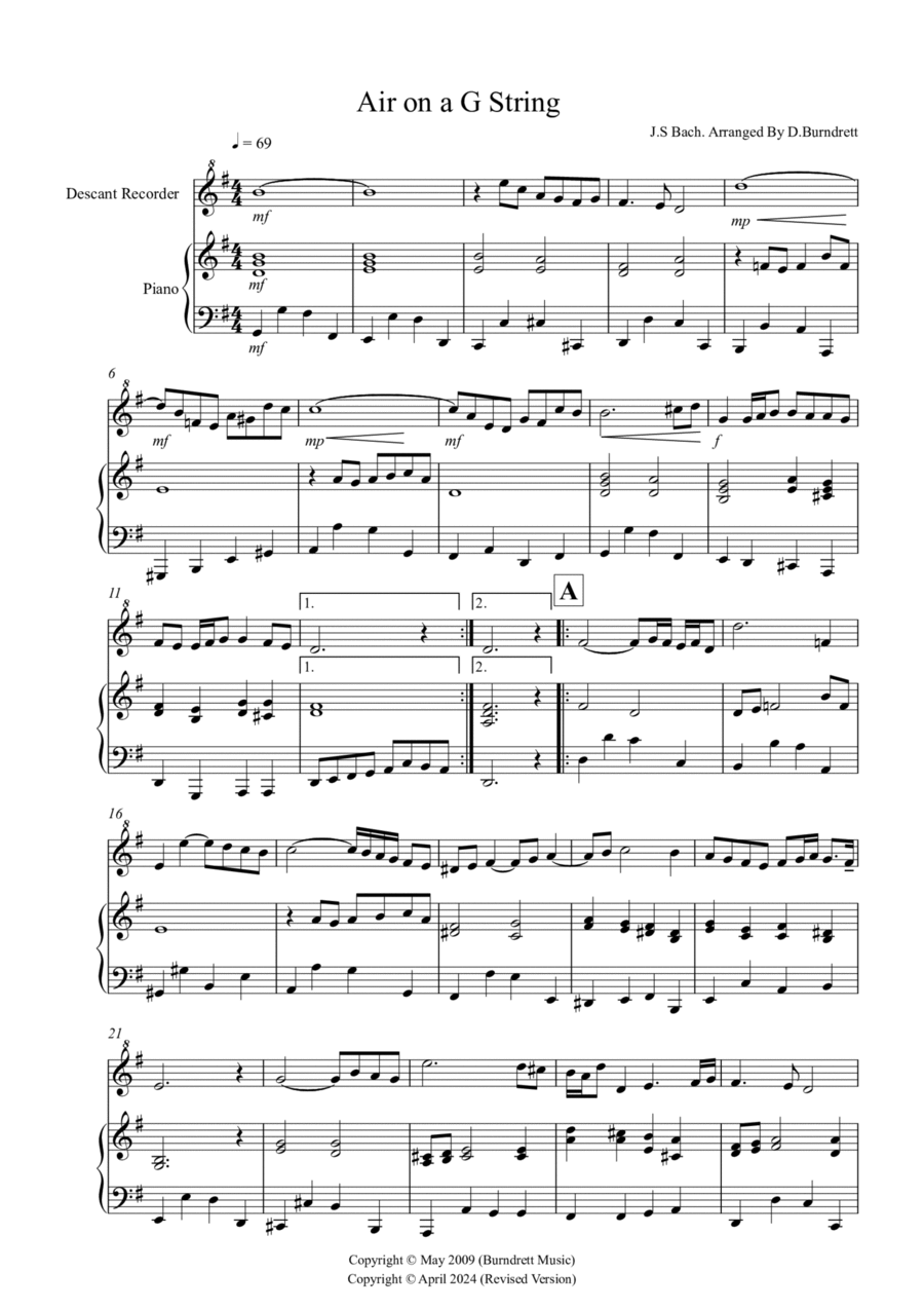 Air On A G String for Descant Recorder And Piano Soprano Recorder scores gallery preview page 1